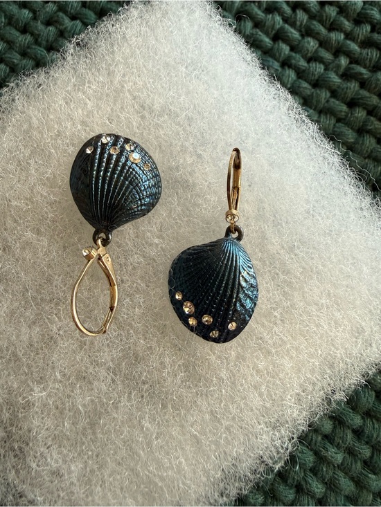 Jewelry - Dark Teal Shell Drop Earrings with Gold Accents